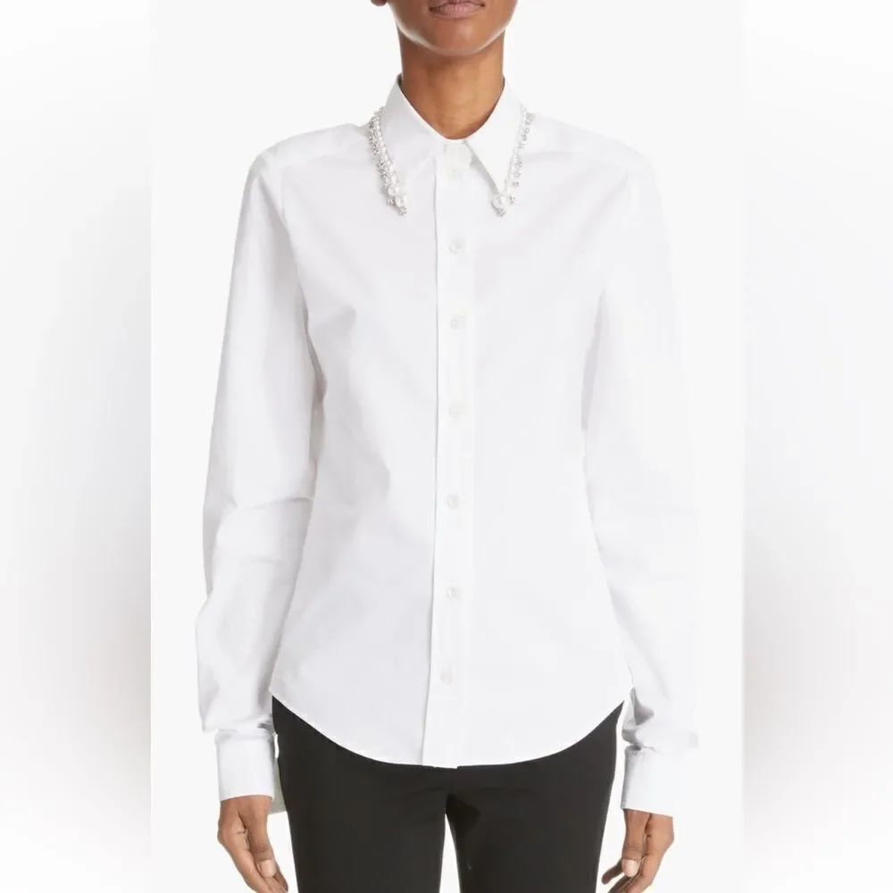 Givenchy Imitation Pearl & Rhinestone Collar Cotton Shirt White NEW FR 40